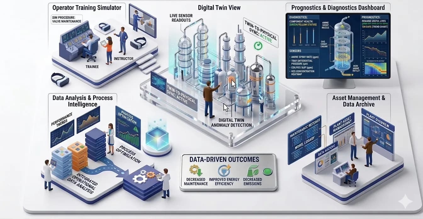 Illustration of the QemOPS platform: a digital twin of an amine unit surrounded by an operator training simulator, a diagnostics dashboard, data analysis and asset records